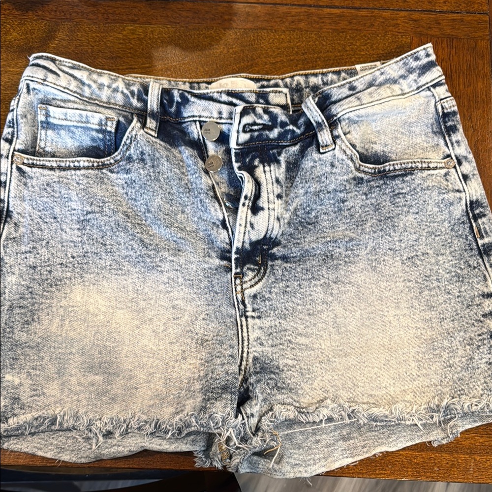 Blue Jean Shorts with Distressed Acid Wash and Frayed Hem
